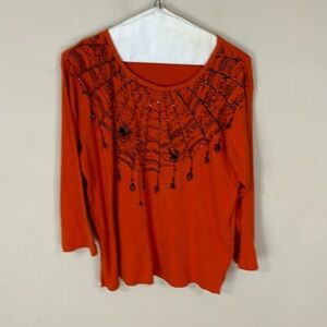 Jane Ashley  Orange Halloween Spider  Web  Beaded Shirt Top